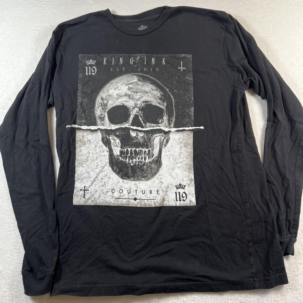 King Ink Couture Shirt Mens Large Black Skull Gothic Long Sleeve Tee‎ Top